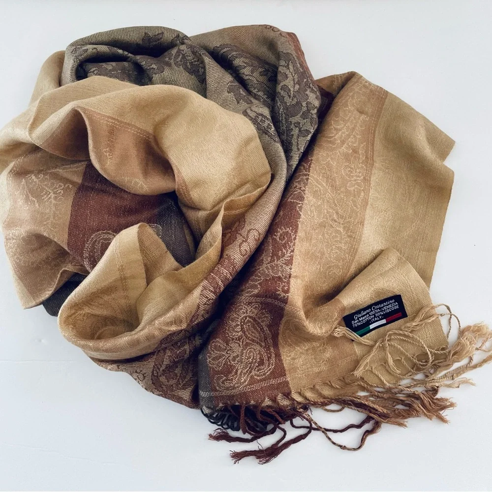 Giuliano Costantino NWOT Made in Italy earth tones fringe scarf Cotton blend